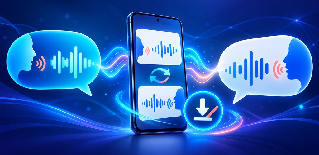 Ilustración de un teléfono entre dos personas que hablan: la voz de cada una se convierte en la del otro idioma